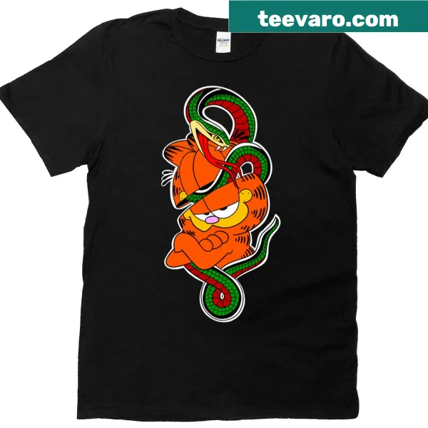 Playful illustration of an orange cat with a snake on an oversized t-shirt