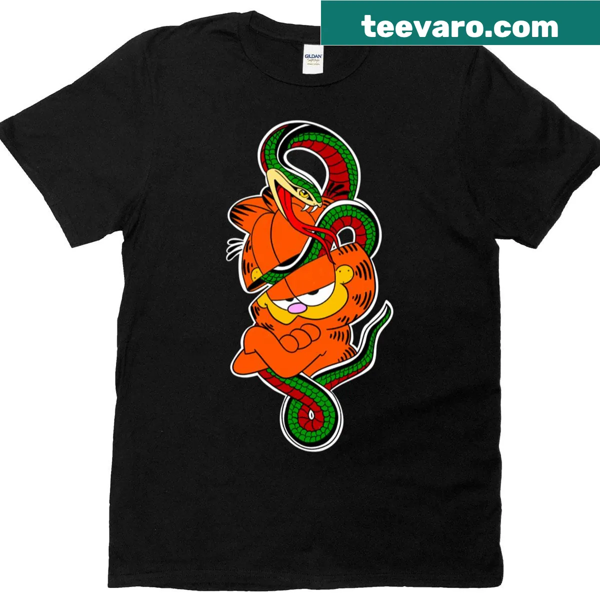 Playful illustration of an orange cat with a snake on an oversized t-shirt — on a men's t-shirt