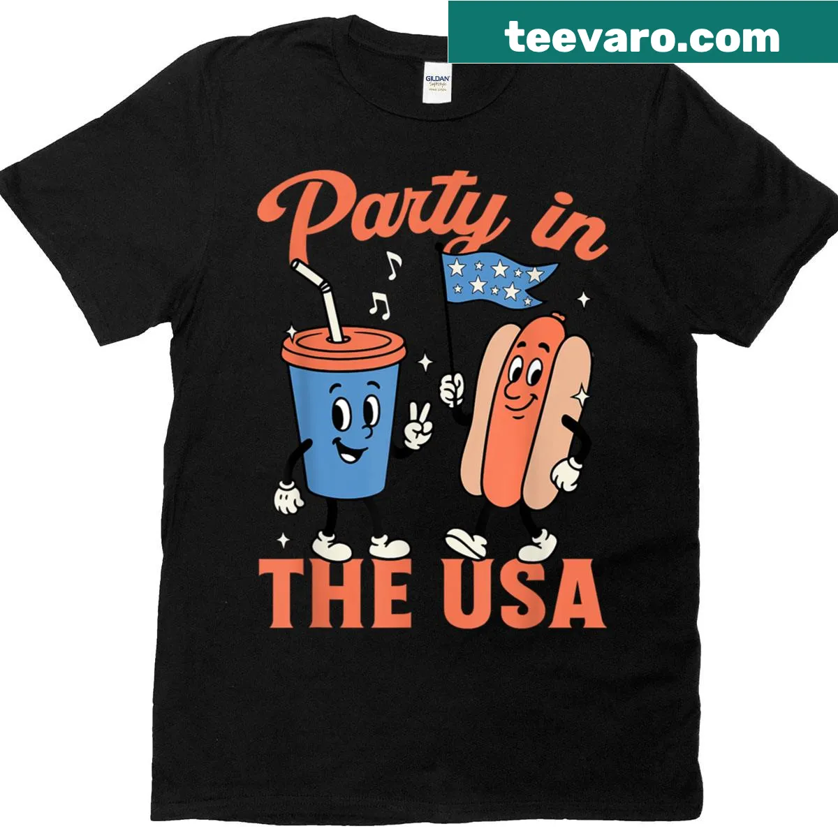 Funny t-shirt with hot-dog graphic and 'Party In The USA' text — on a men's t-shirt