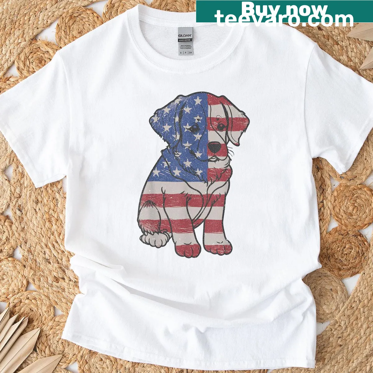 Patriotic t-shirt with American flag and dog design — on a men's t-shirt