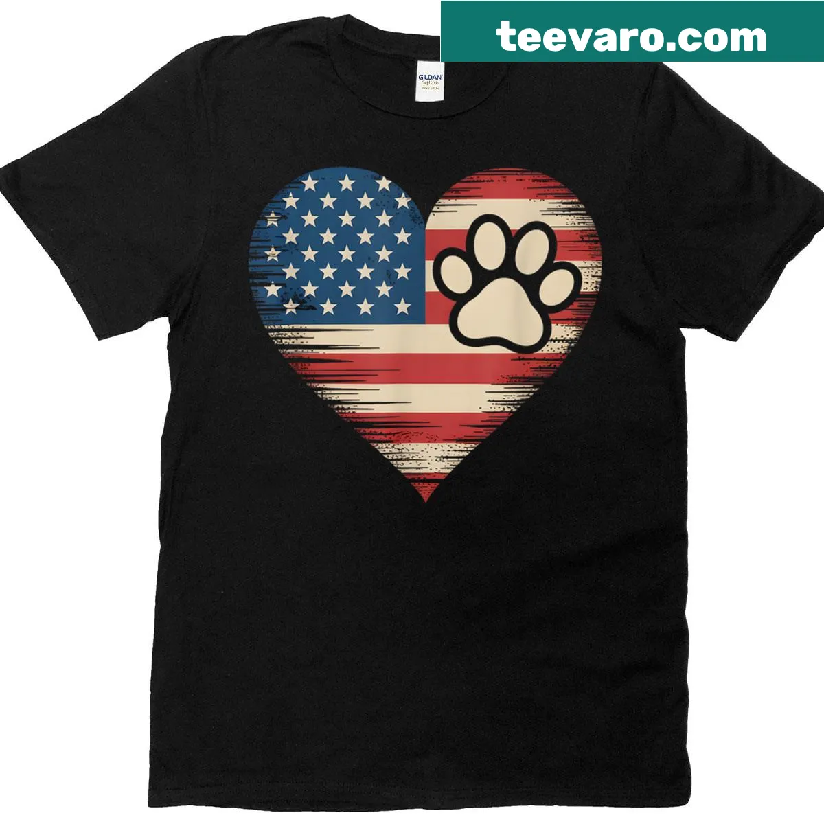 Cartoon T-shirt with dog and cat celebrating 4th of July — on a men's t-shirt