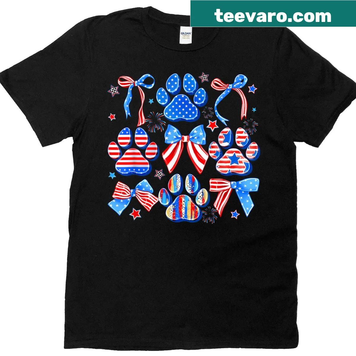 Veterinary-themed July 4th t-shirt with dog paw design — on a men's t-shirt
