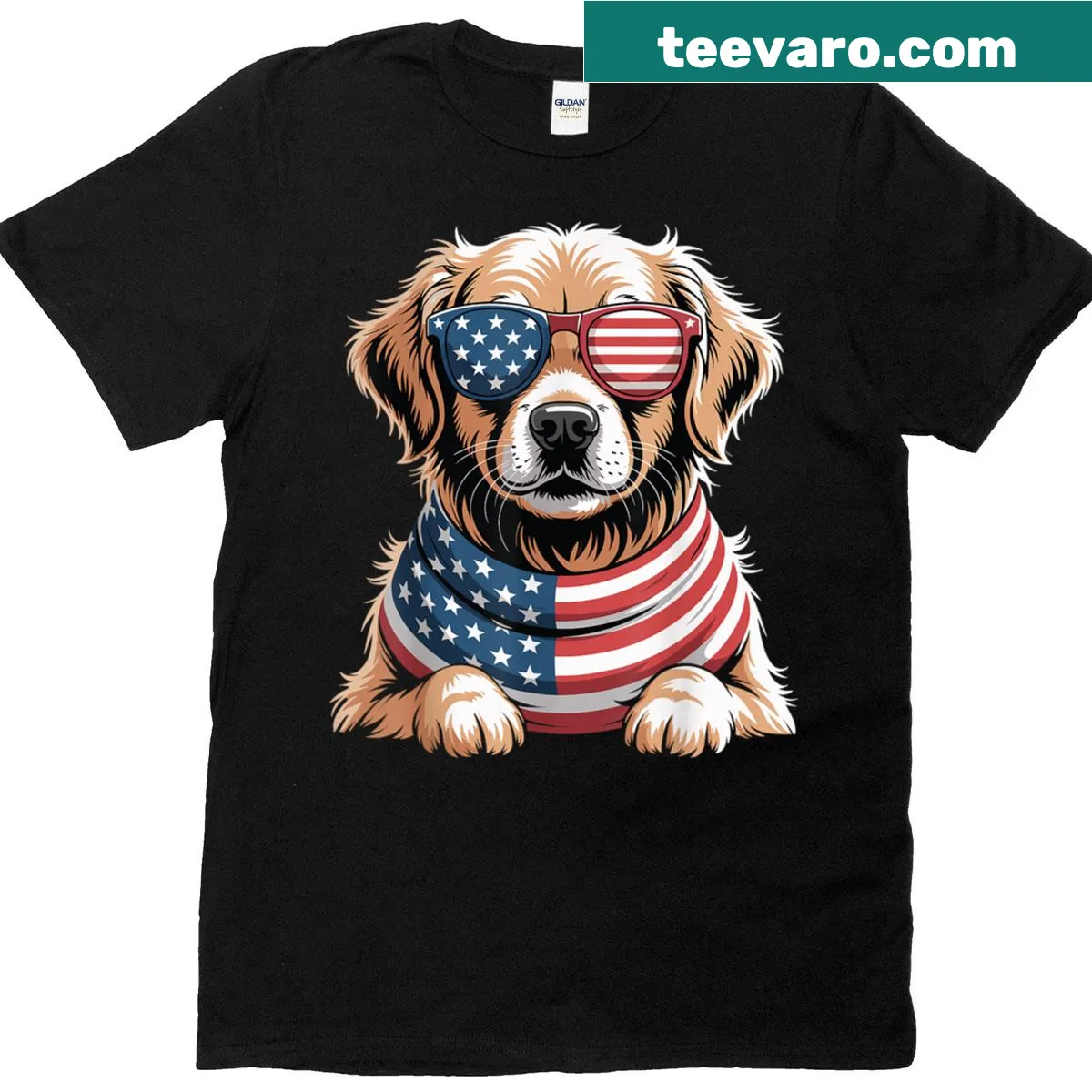 Golden Retriever T-shirt with American flag design for 4th of July — on a men's t-shirt
