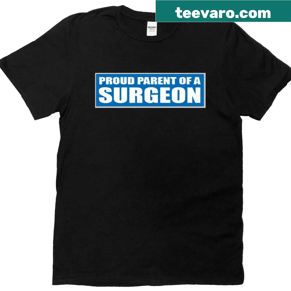Graphic t-shirt with bumper sticker design declaring Proud Parent Of A Surgeon — on a men's t-shirt