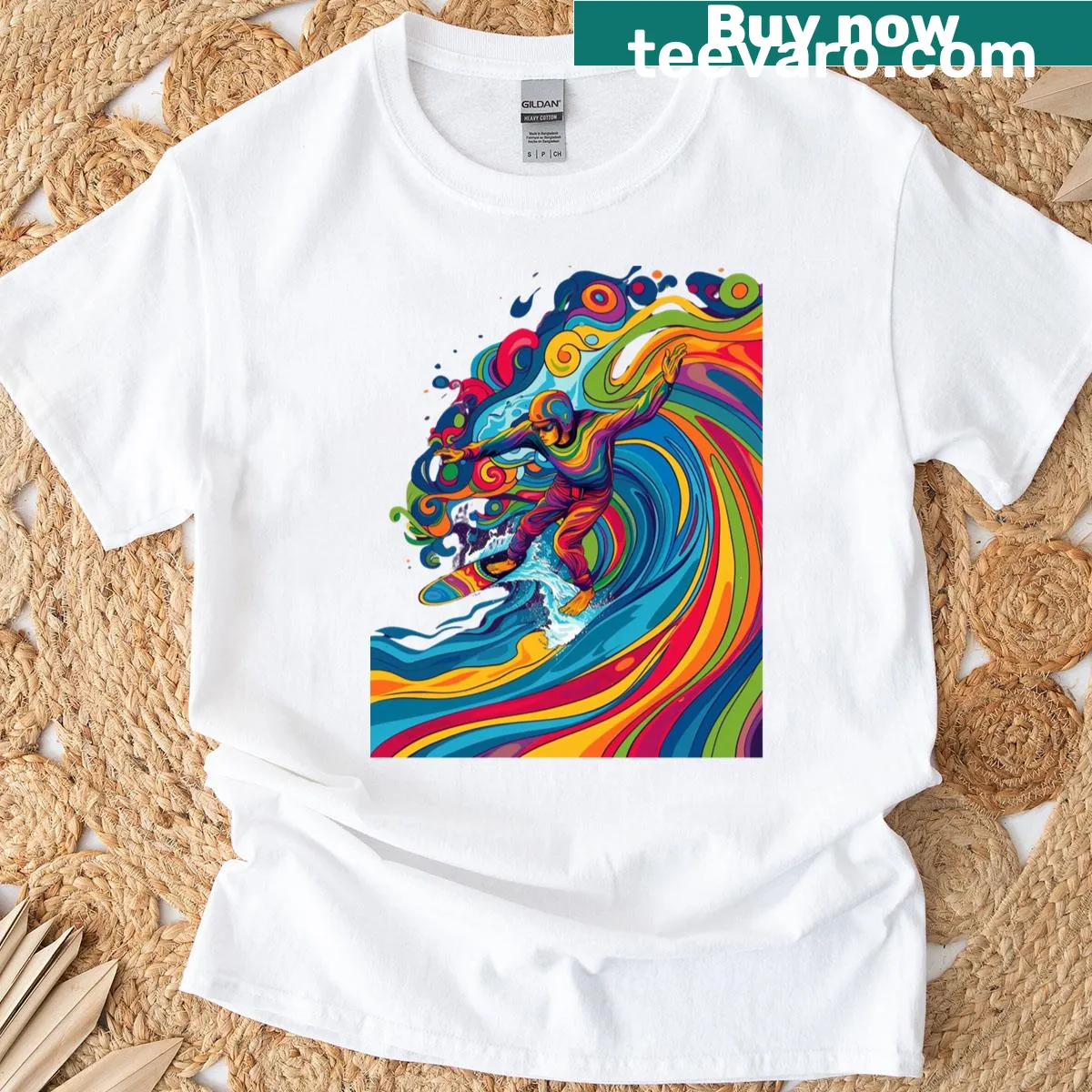 Psychedelic surf art T-shirt featuring a wave rider — on a men's t-shirt
