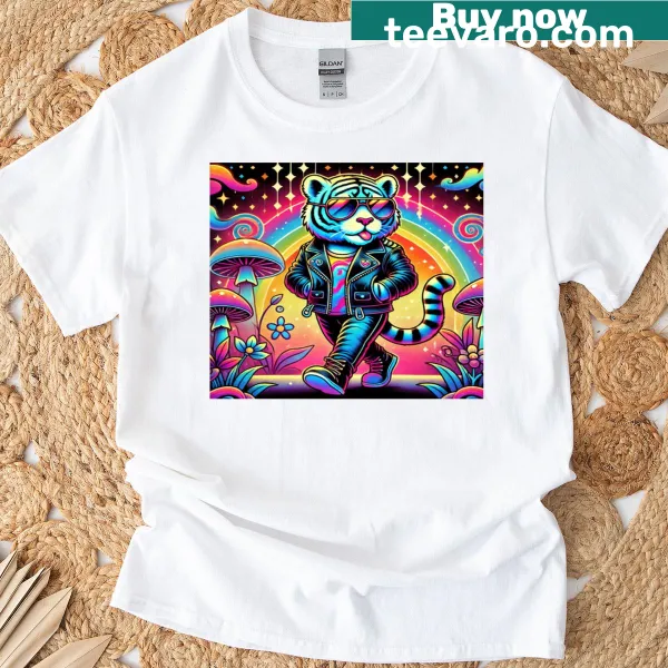 Psychedelic jungle-themed T-shirt featuring a strutting tiger design