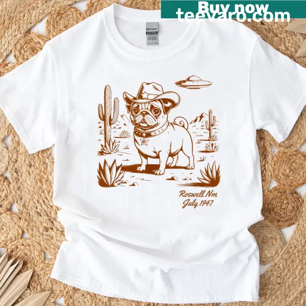 Vintage-style pug graphic T-shirt featuring cowgirl, cowboy, and UFO