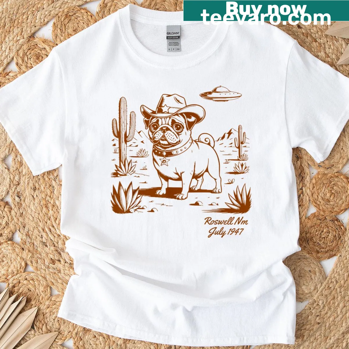 Vintage-style pug graphic T-shirt featuring cowgirl, cowboy, and UFO — on a men's t-shirt