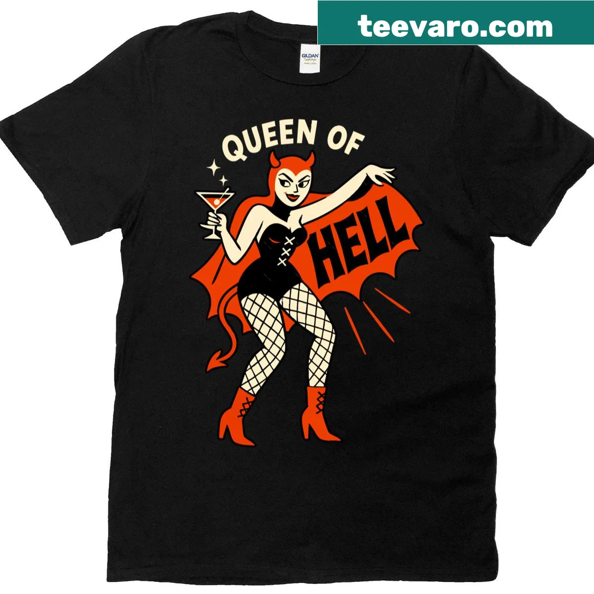 Retro devil pinup girl holding cocktail graphic t-shirt — on a men's t-shirt