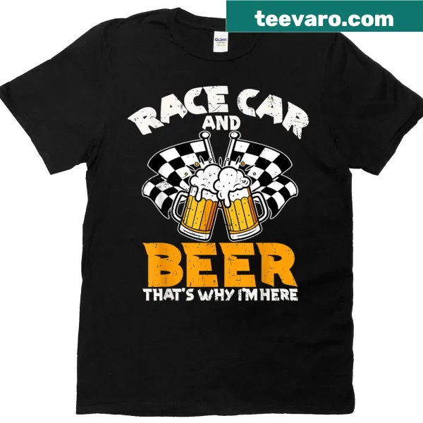 T-shirt with race car and checkered flag graphic, and text about beer