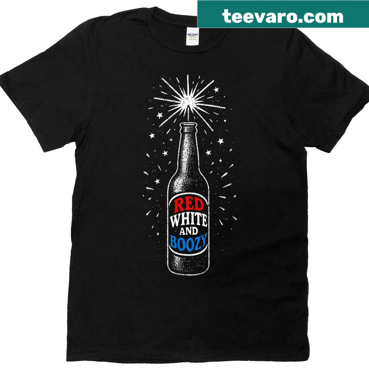 Vintage Red White And Boozy beer-themed T-shirt — on a men's t-shirt