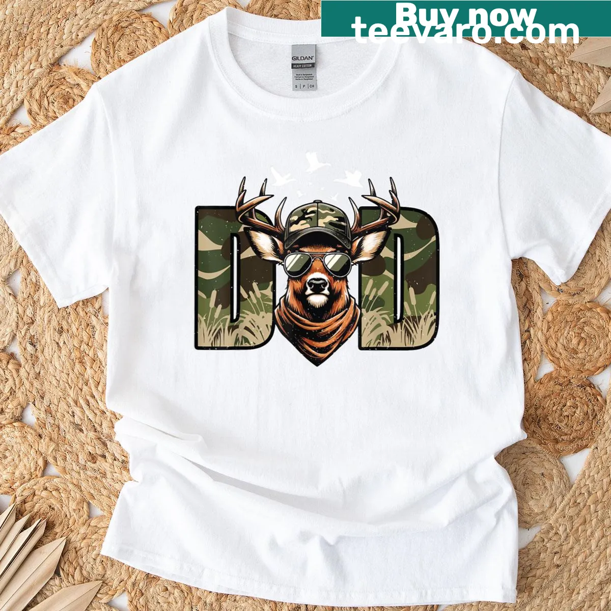 Retro camo T-shirt for dad celebrating hunting season — on a men's t-shirt