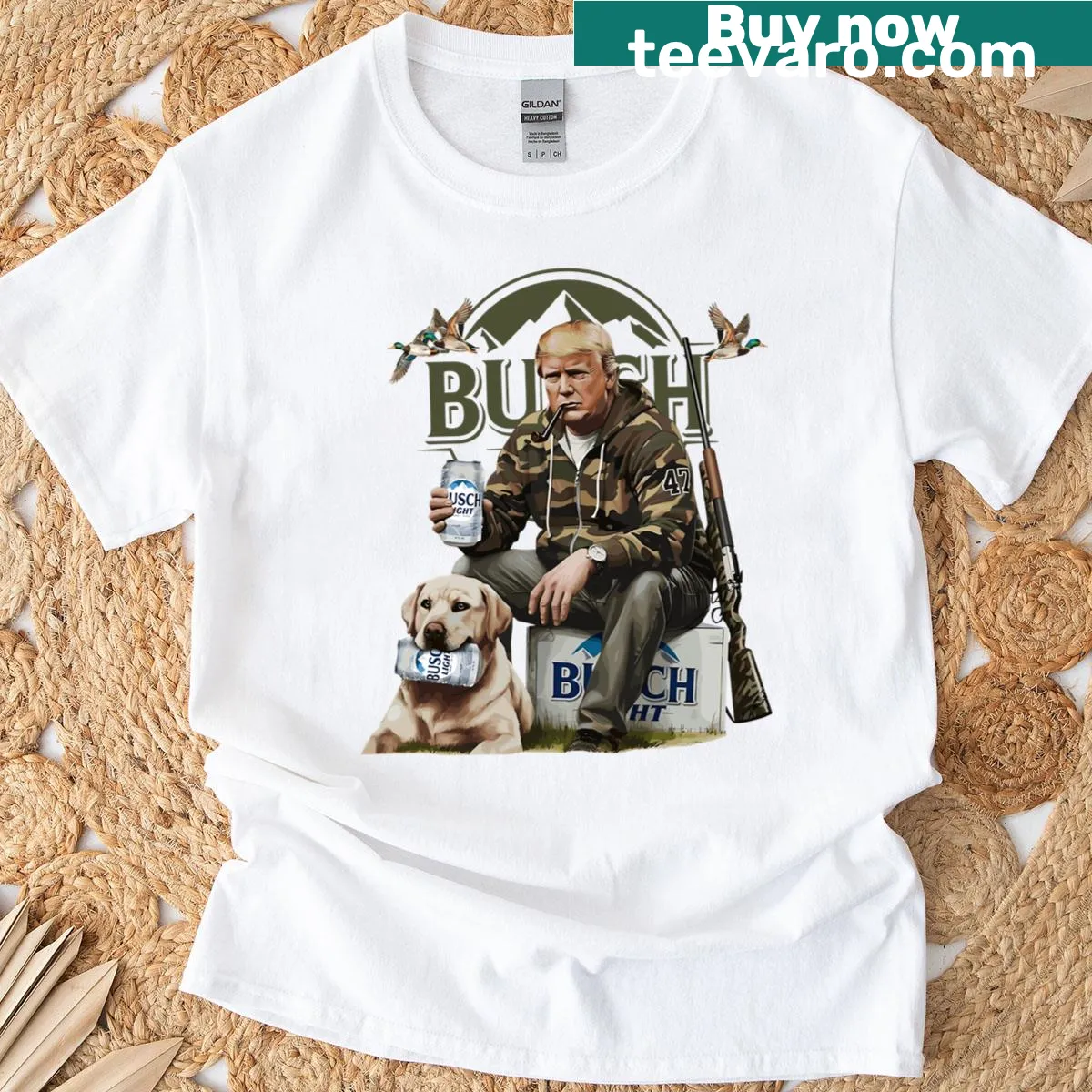 Humorous retro hunting t-shirt featuring deer and beer design — on a men's t-shirt