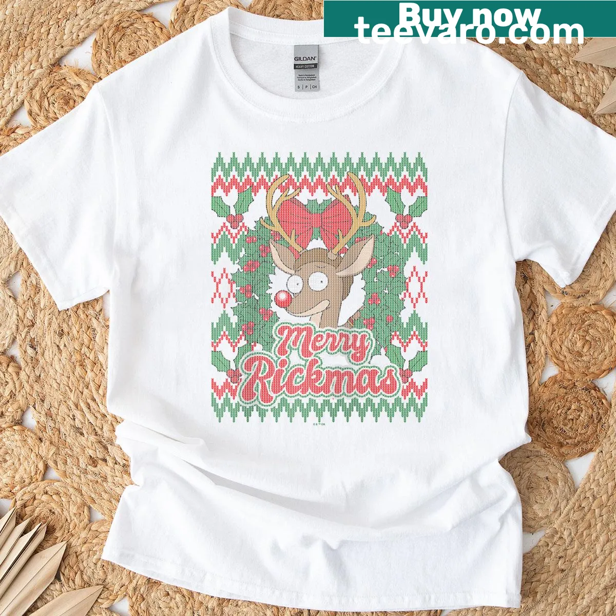 Vintage-style raglan tee with Merry Rickmas design — on a men's t-shirt