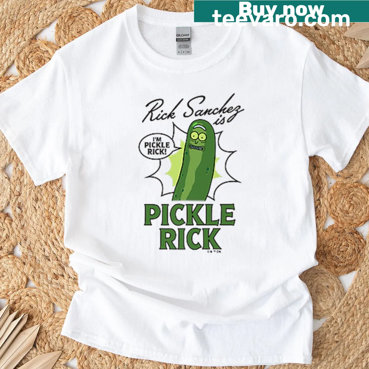 Rick Sanchez Pickle Rick graphic on baseball tee — on a men's t-shirt