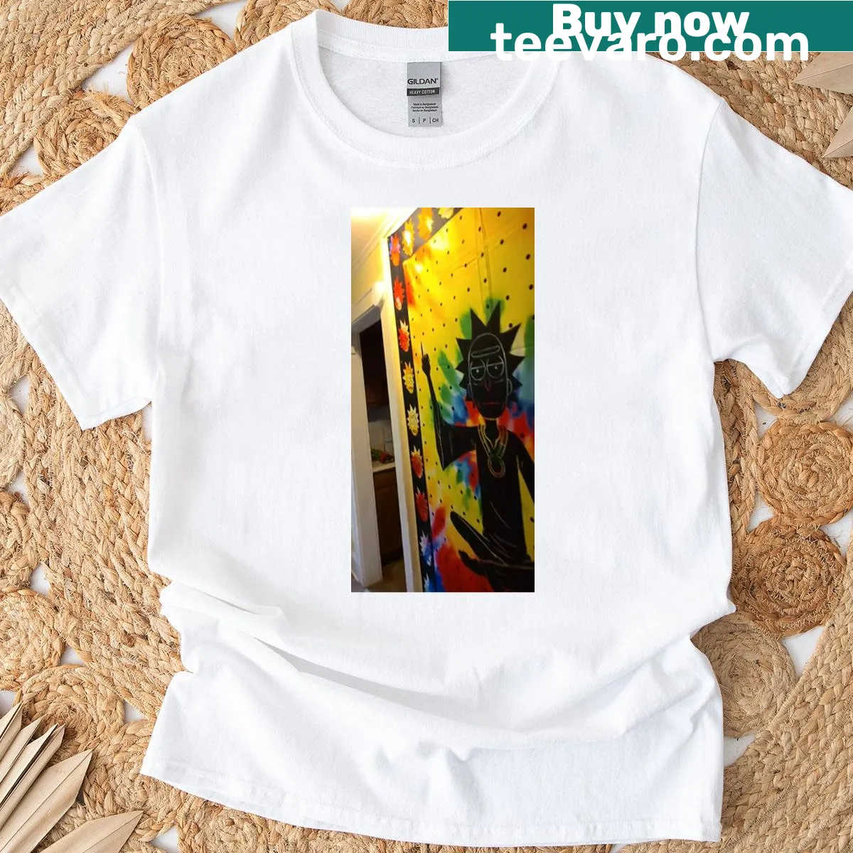 Rick as a spiritual leader illustrated on a cartoon-themed t-shirt — on a men's t-shirt