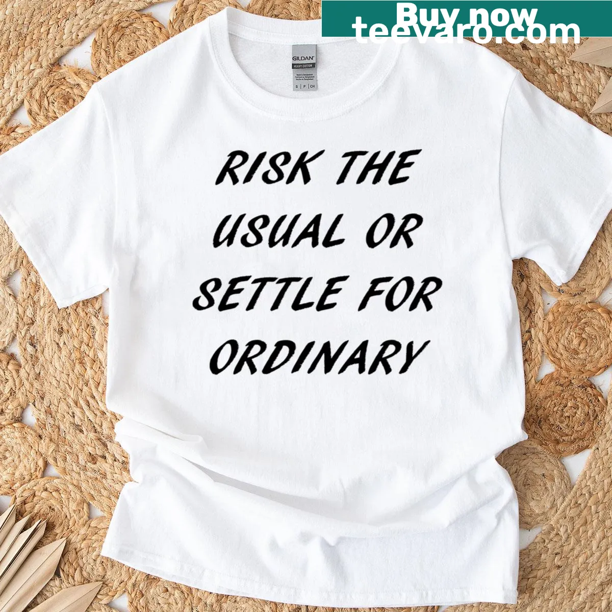 Inspirational typography t-shirt with the quote 'Risk the Usual Or Settle For Ordinary' — on a men's t-shirt