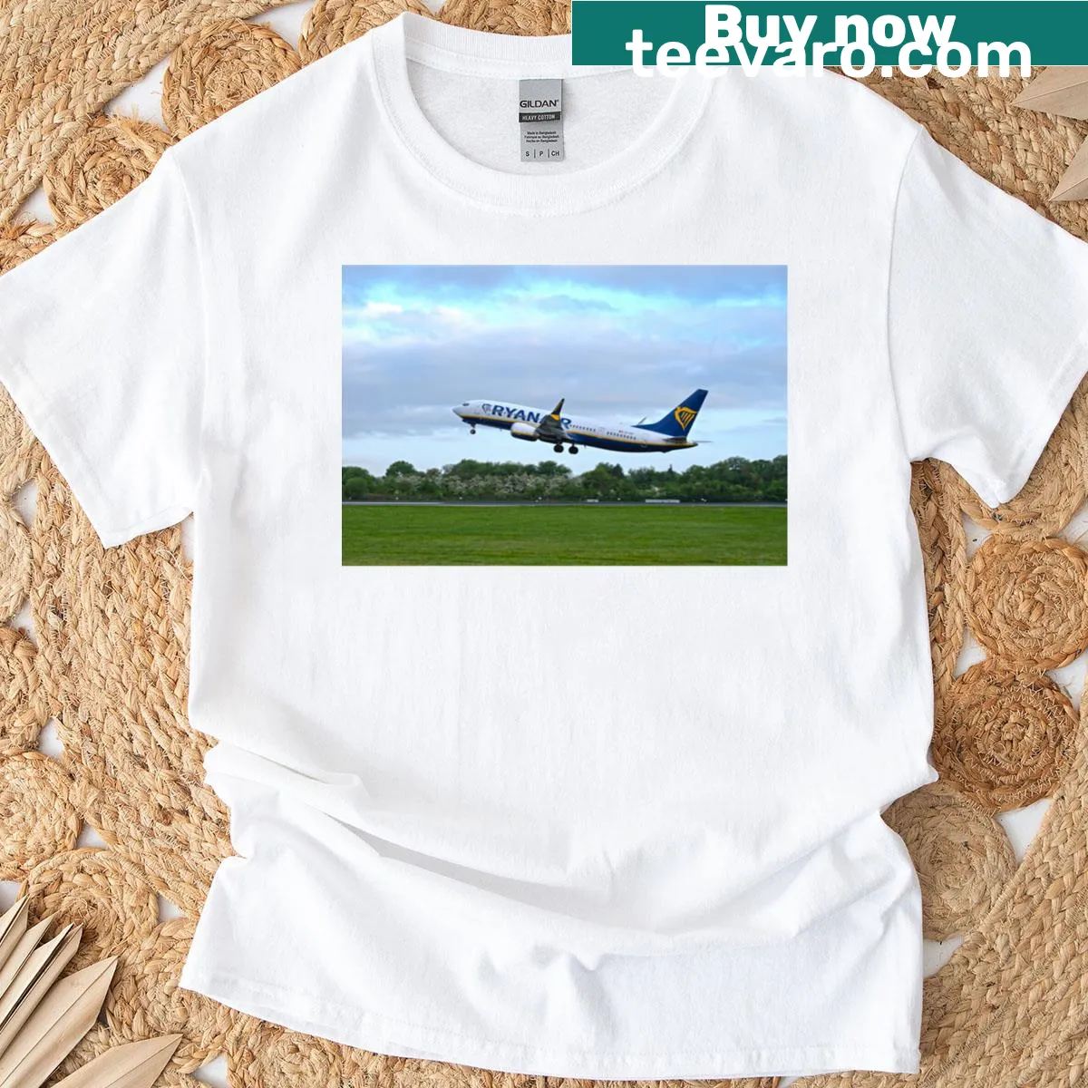 Illustration of Ryanair Boeing 737 aircraft with playful text — on a men's t-shirt
