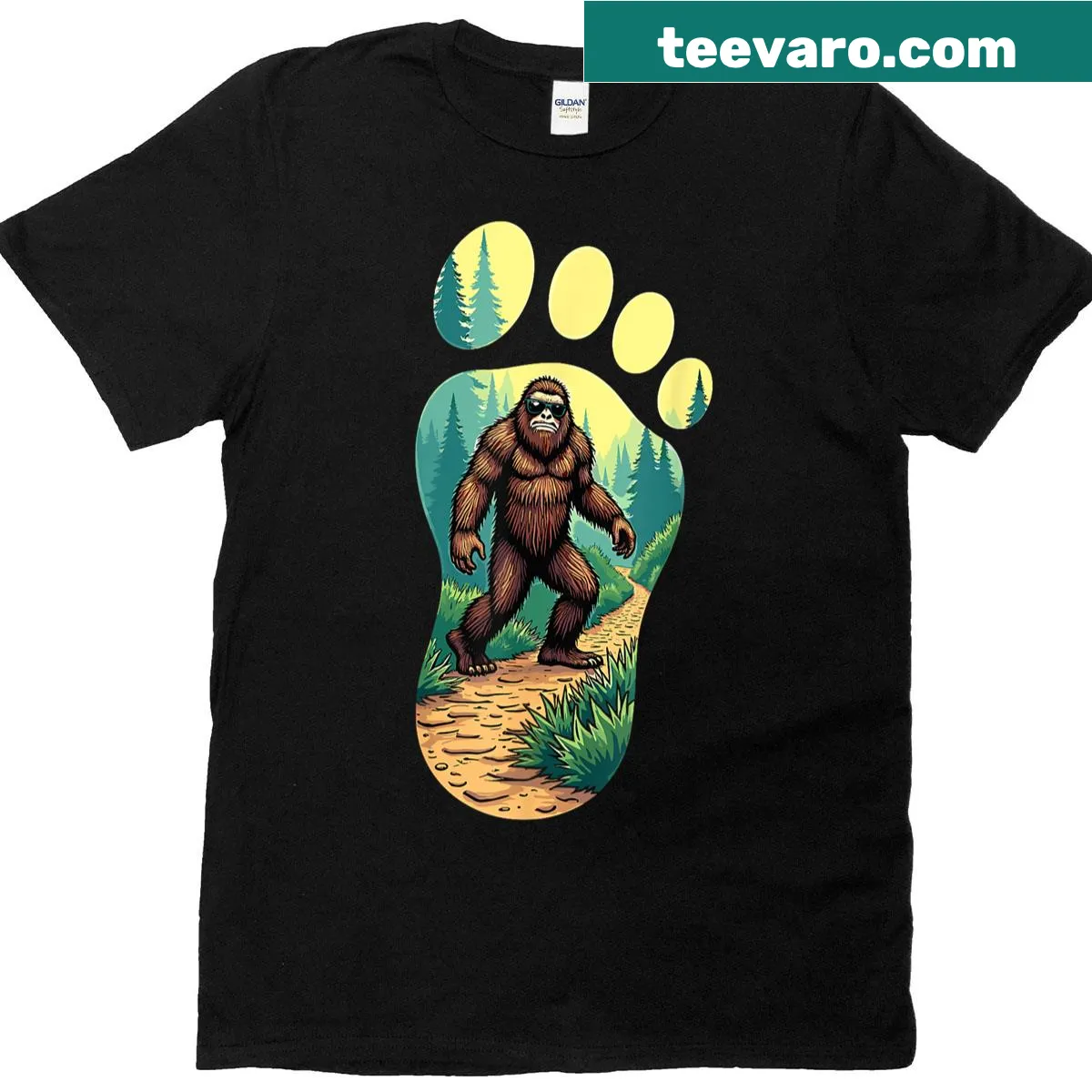 Bigfoot footprint illustration on a whimsical forest background — on a men's t-shirt