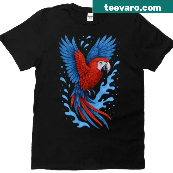 Illustration of a scarlet macaw on a vintage-inspired oversized t-shirt