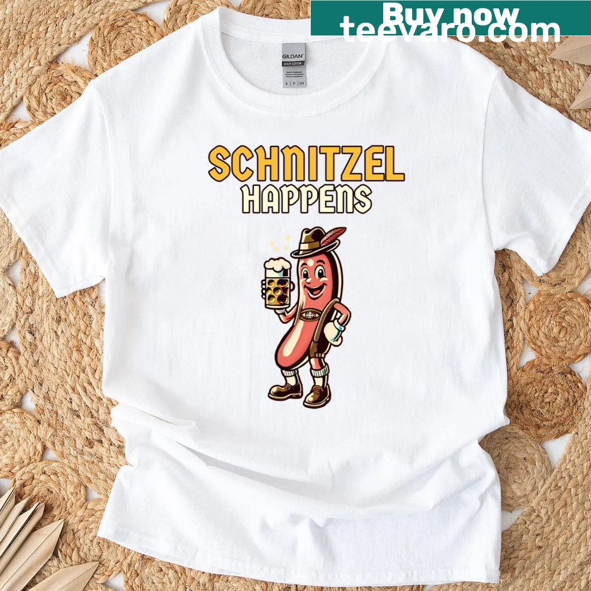 Humorous t-shirt with 'Schnitzel Happens' and cartoon food graphics — on a men's t-shirt