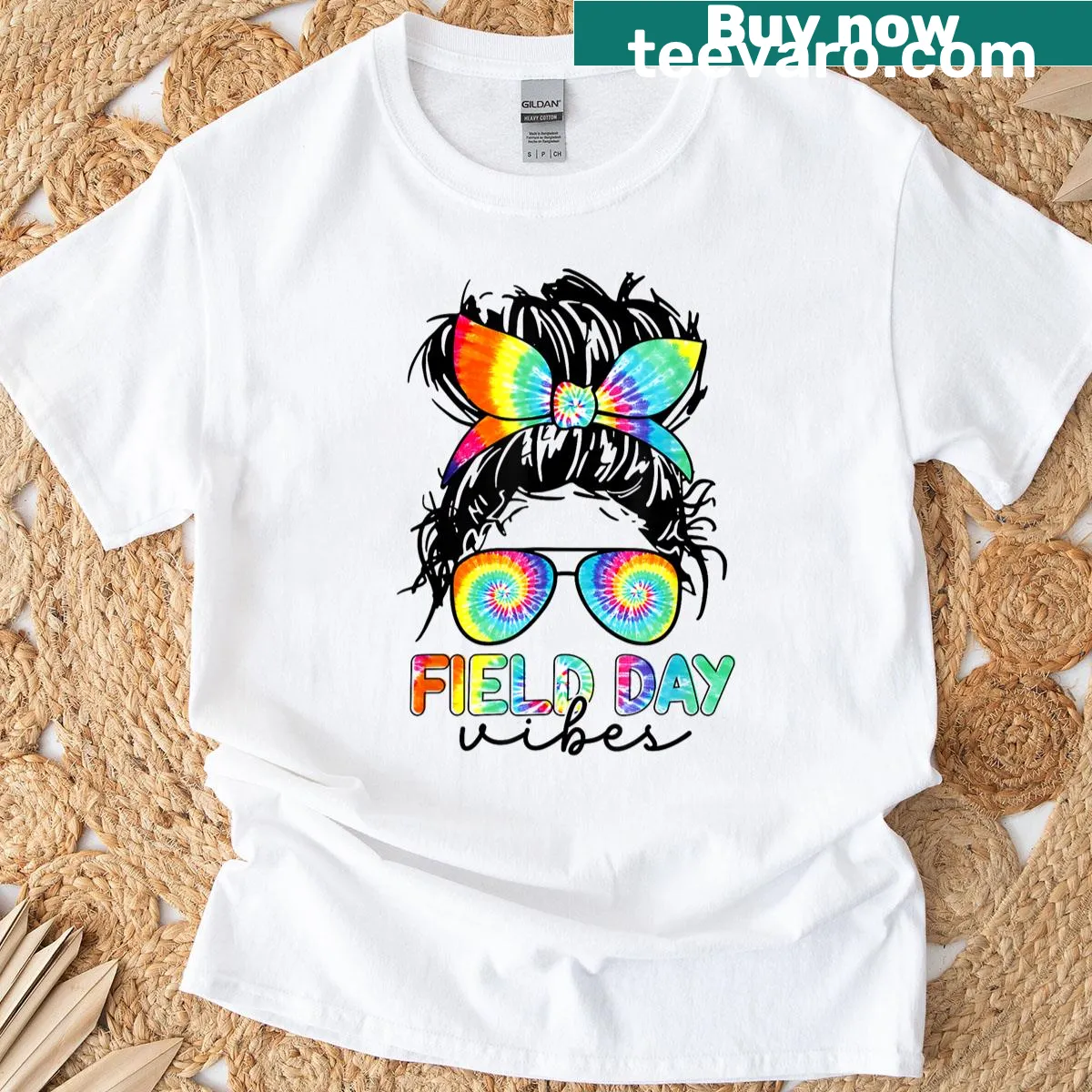 Cartoon messy bun graphic on a fun school field day T-shirt — on a men's t-shirt