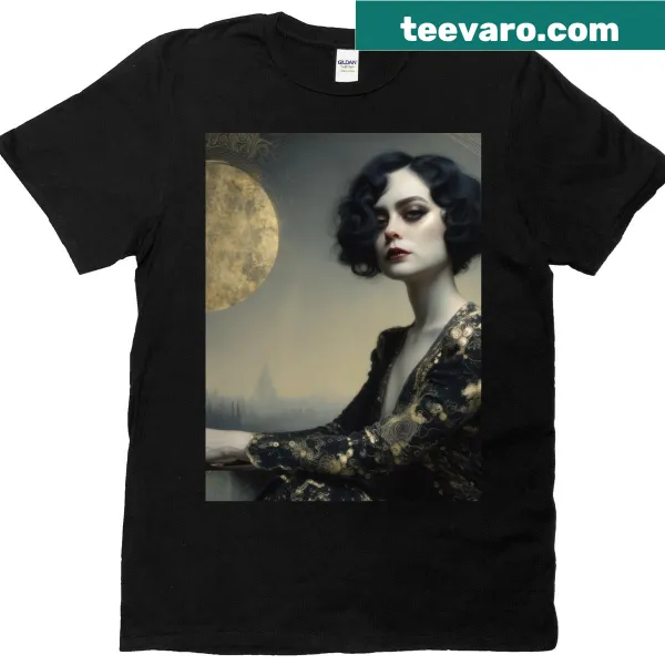 Graphic T-shirt featuring a serene figure waiting for a golden moon