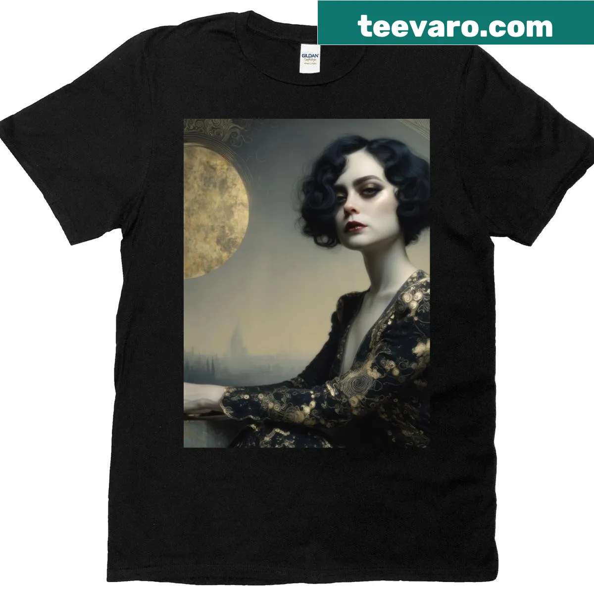Graphic T-shirt featuring a serene figure waiting for a golden moon — on a men's t-shirt