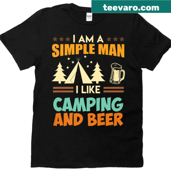 Illustrated camping and beer design on a men's T-shirt.