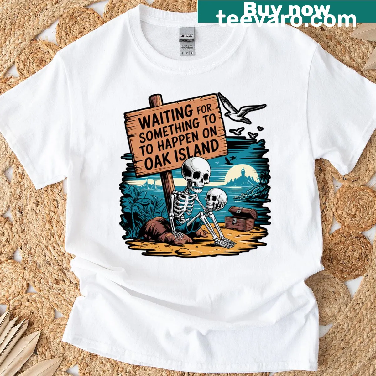 Graphic of skeletons and treasure hunting elements — on a men's t-shirt
