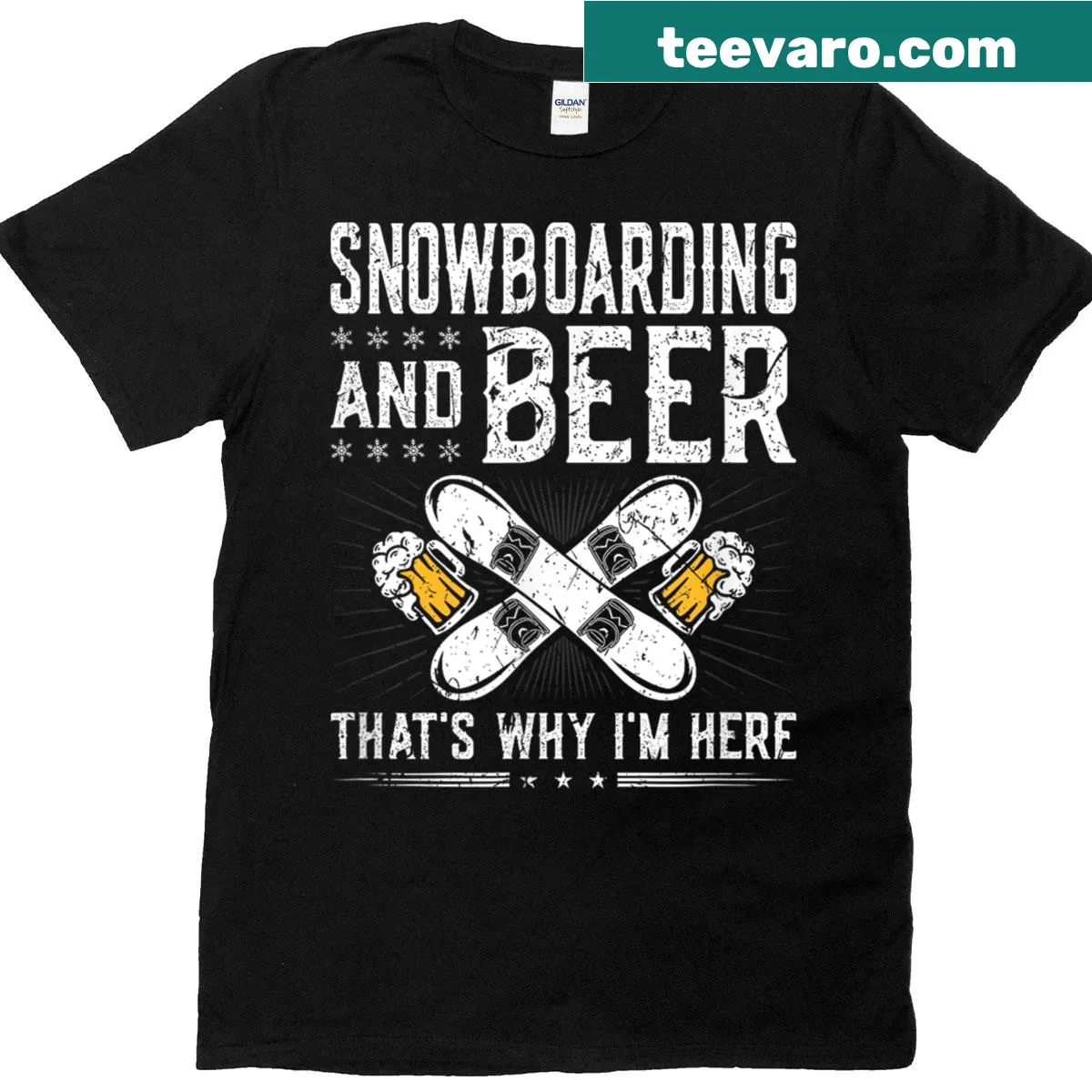 Funny T-shirt featuring snowboarding and beer drinking design. — on a men's t-shirt