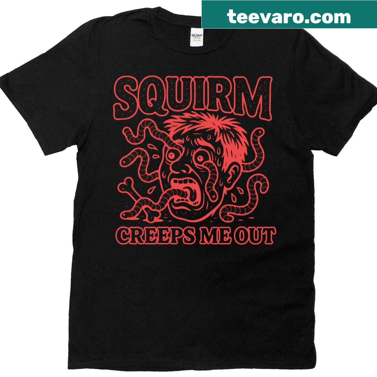 Graphic art t-shirt with the phrase 'Squirm Creeps Me Out' in an edgy style — on a men's t-shirt