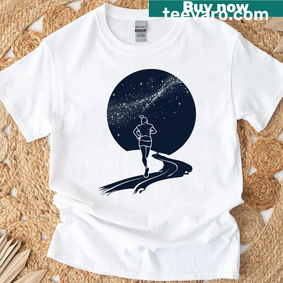 Silhouette of a runner against a starry night design on a T-shirt — on a men's t-shirt