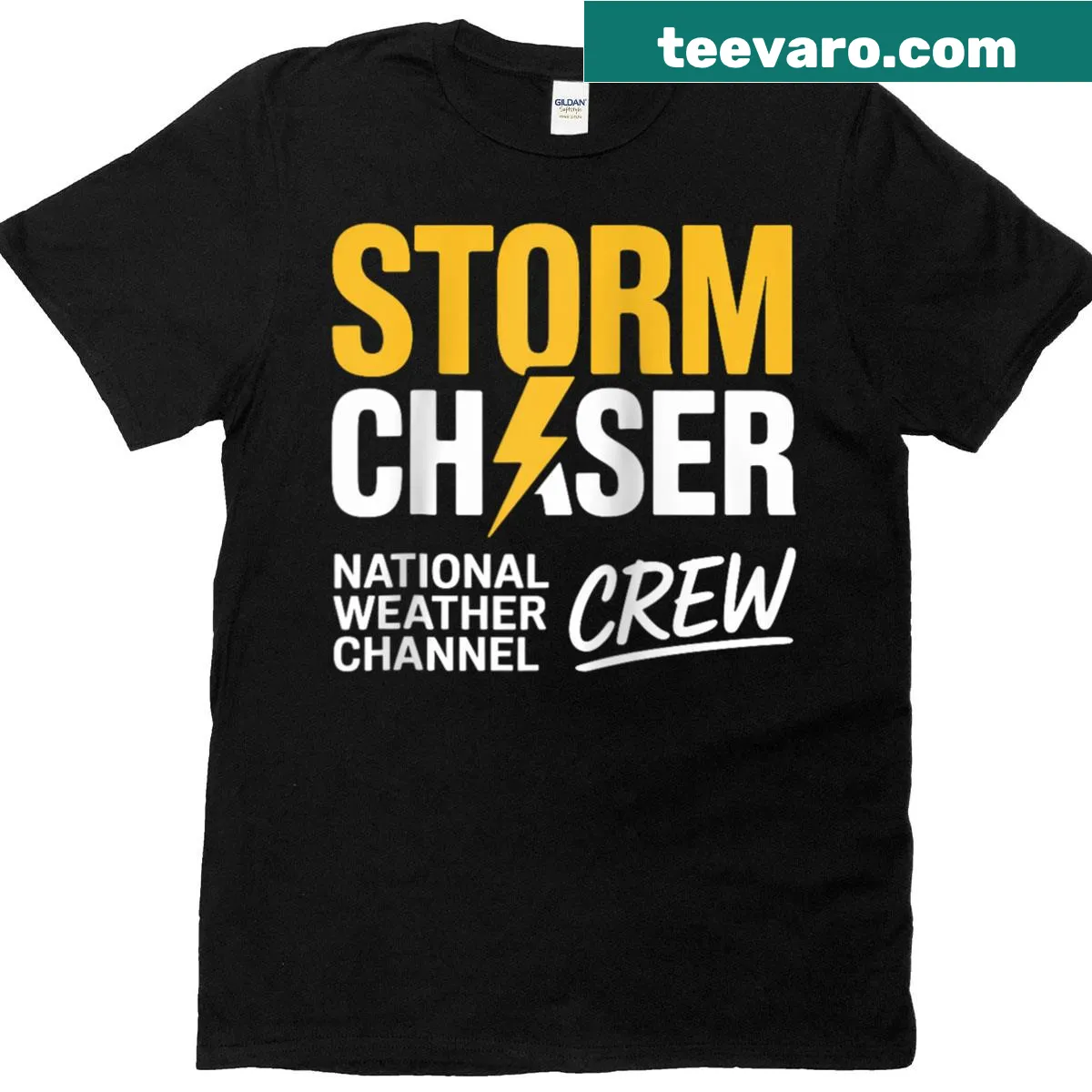 Baseball tee with storm chasing illustration for weather enthusiasts — on a men's t-shirt