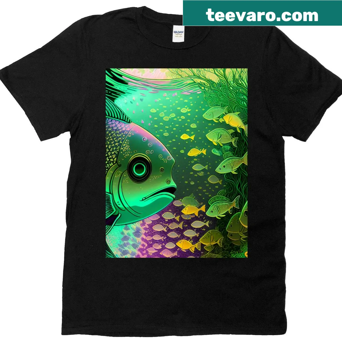 Graphic t-shirt featuring a strange green fish illustration — on a men's t-shirt