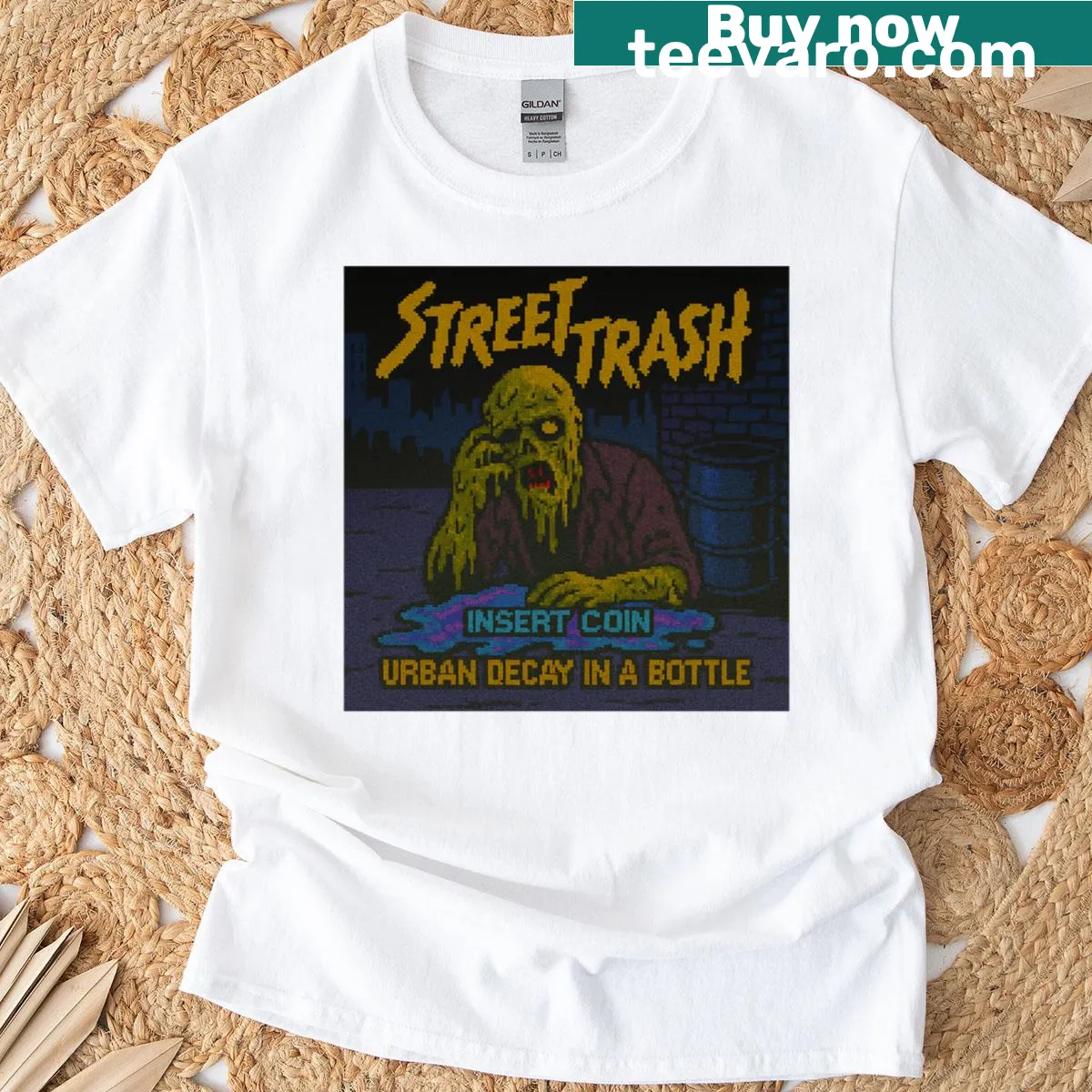 Retro arcade-themed t-shirt inspired by classic gaming graphics — on a men's t-shirt
