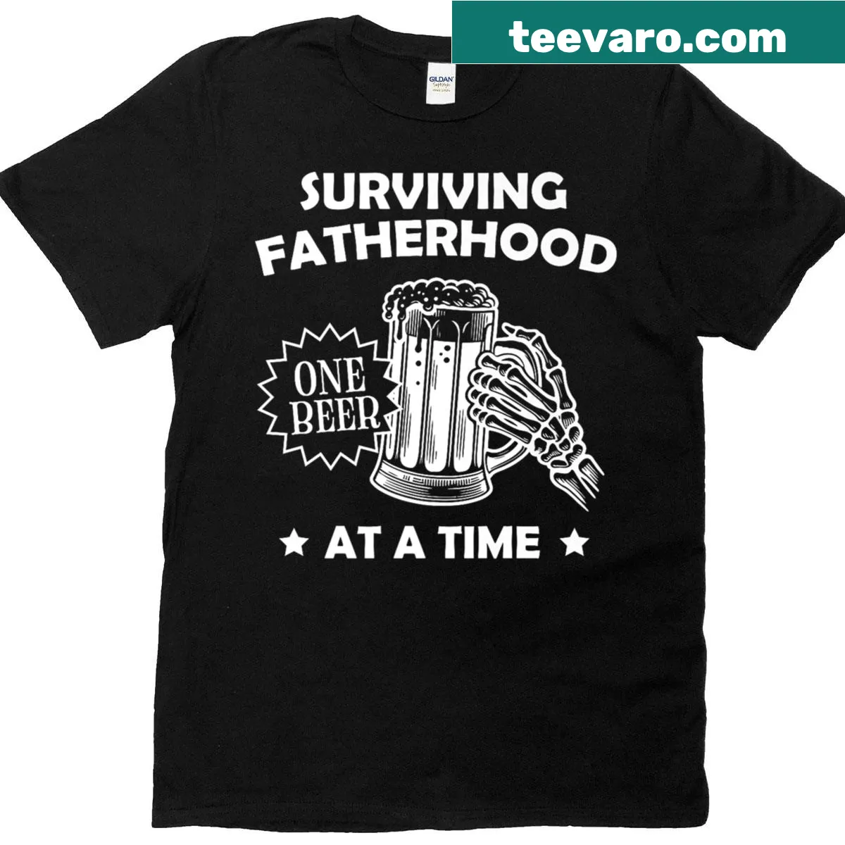 Funny t-shirt for dads with 'Surviving Fatherhood One Beer At A Time' text — on a men's t-shirt