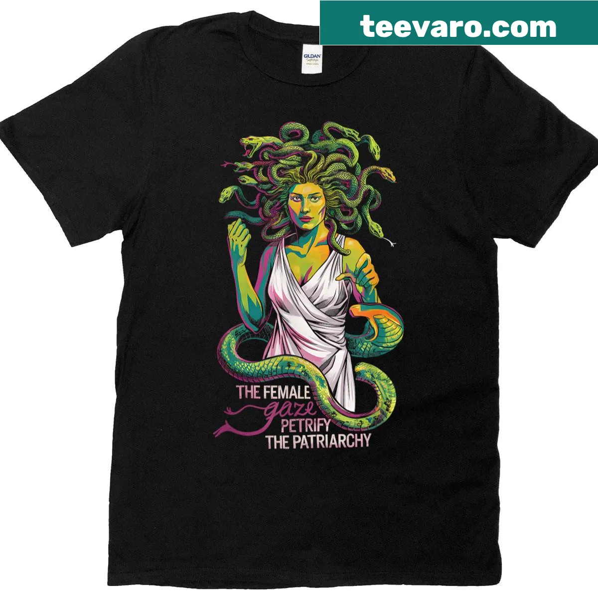 Feminist T-shirt featuring Medusa imagery and empowering typography — on a men's t-shirt