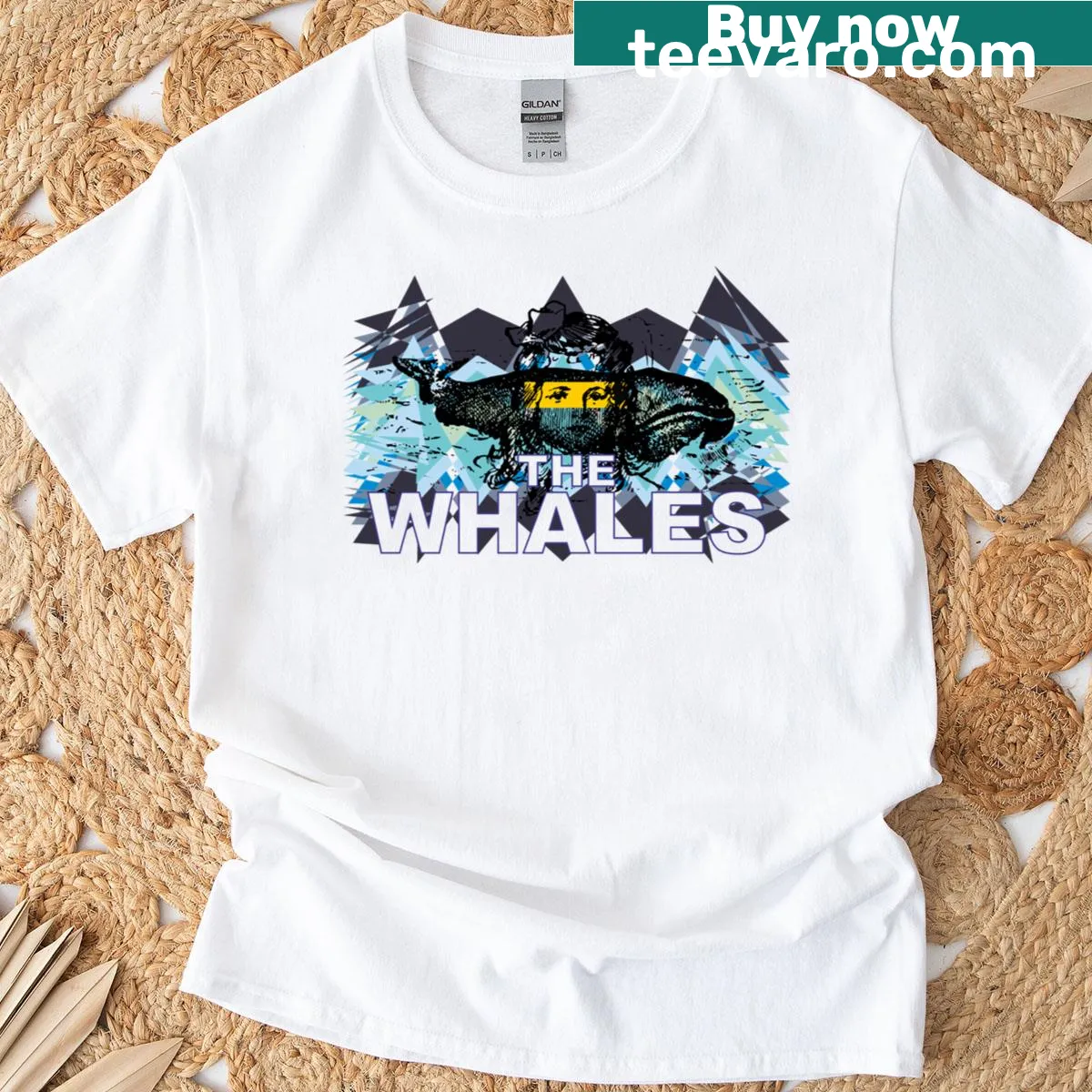 Surreal pop art design featuring whales on a T-shirt — on a men's t-shirt