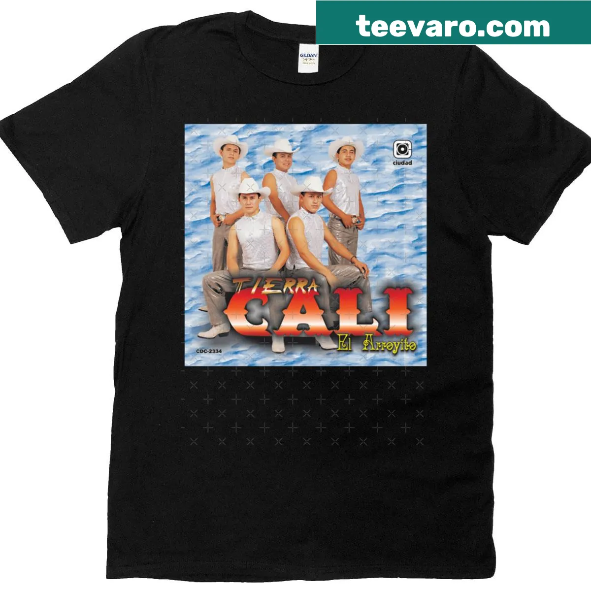 Illustrated T-shirt featuring 'El Arroyito' album art from Tierra Cali. — on a men's t-shirt