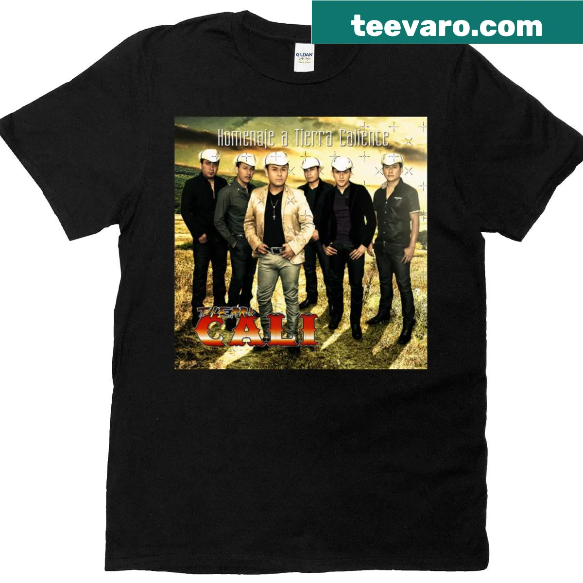 Illustrated T-shirt featuring 'Homenaje A Tierra Caliente' album art from Tierra Cali. — on a men's t-shirt