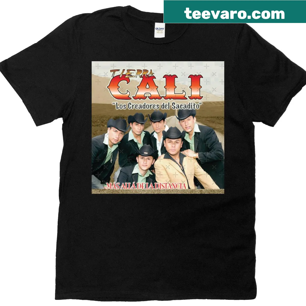 Illustrated T-shirt featuring 'Mas Alla De La Distancia' album art from Tierra Cali. — on a men's t-shirt
