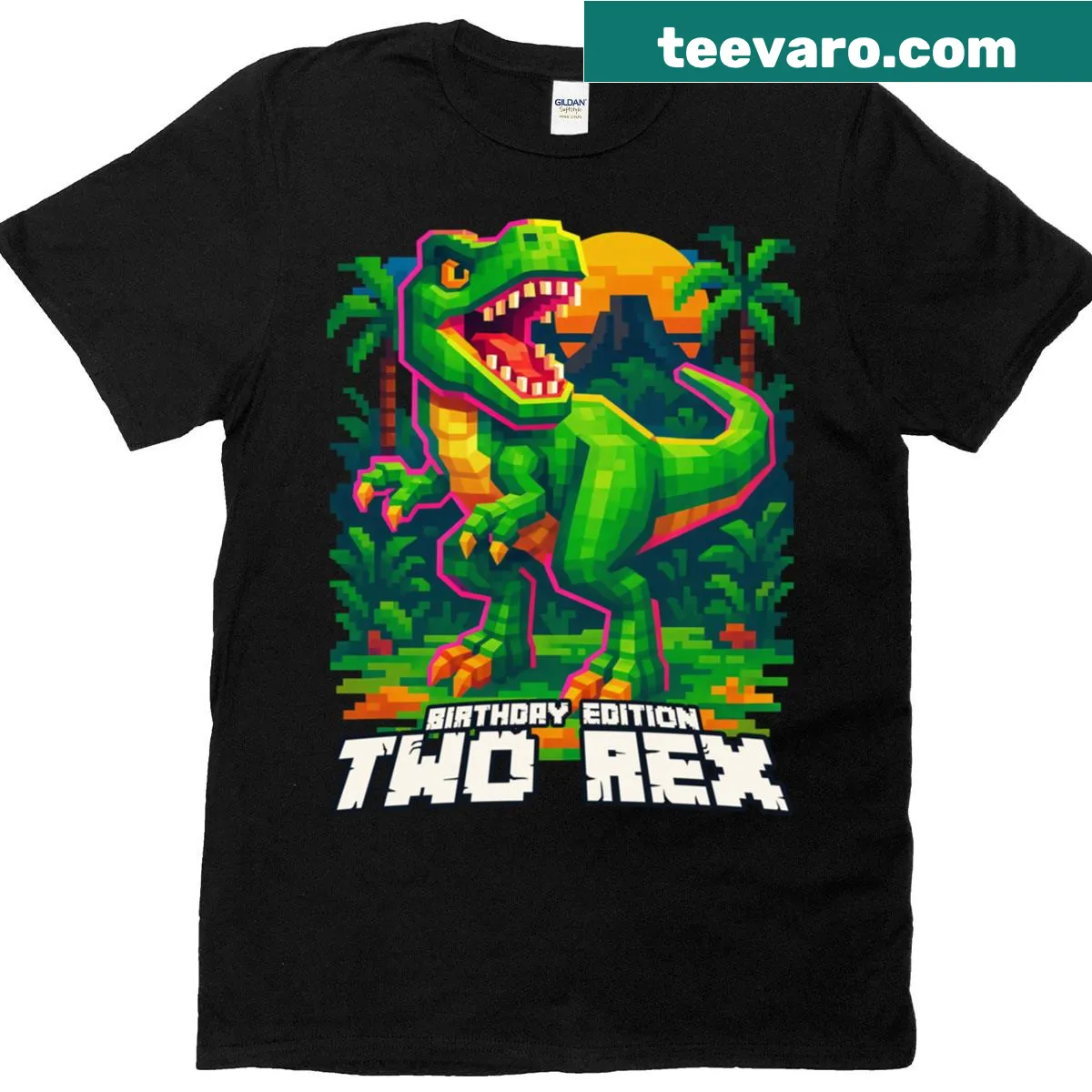 Pixel art T-shirt featuring two dinosaurs for a birthday celebration — on a men's t-shirt