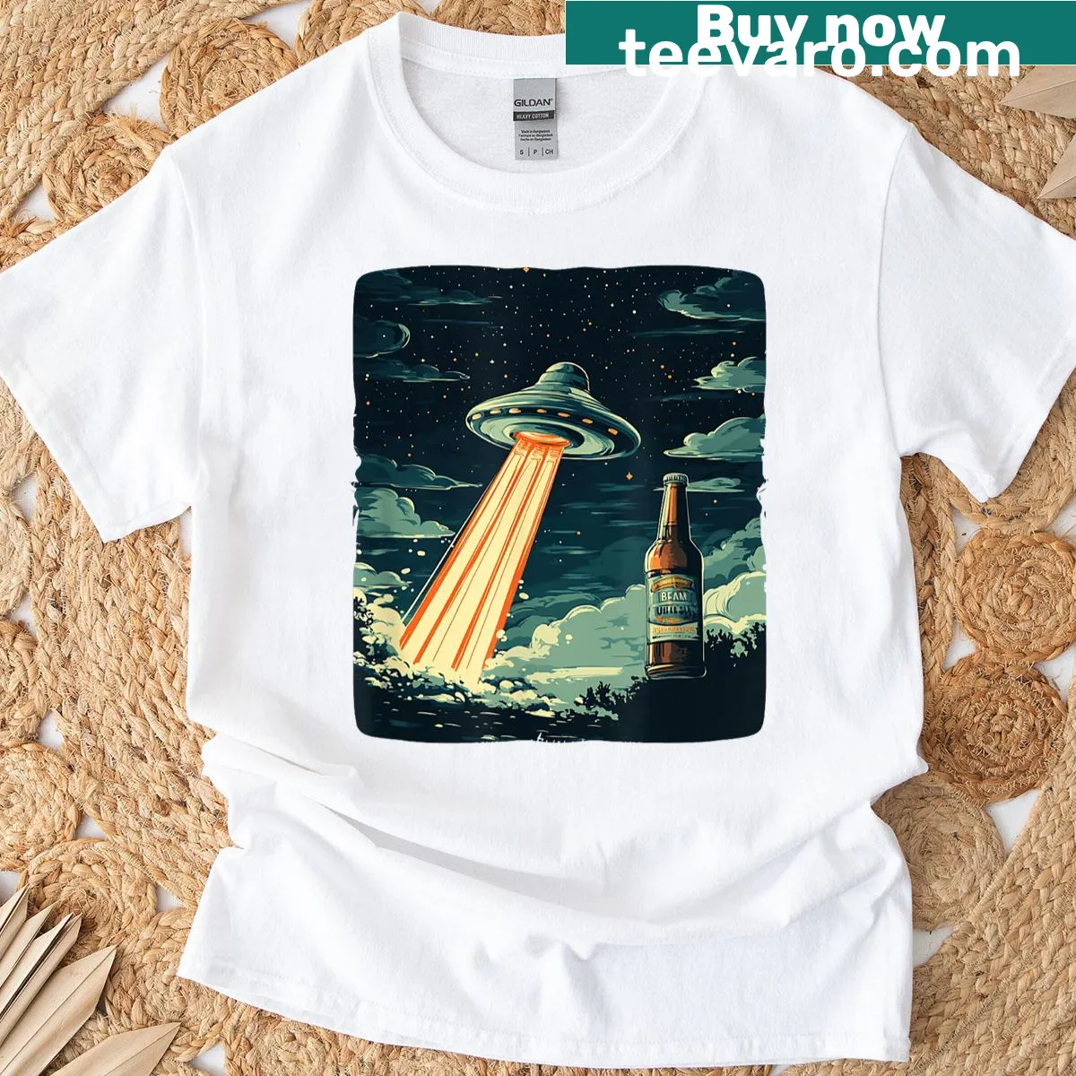UFO graphic t-shirt beaming up a beer — on a men's t-shirt