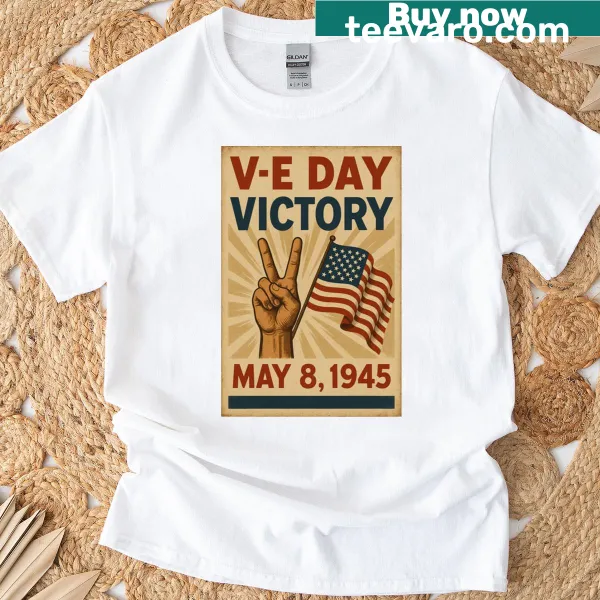 Vintage-style t-shirt featuring VE Day poster design