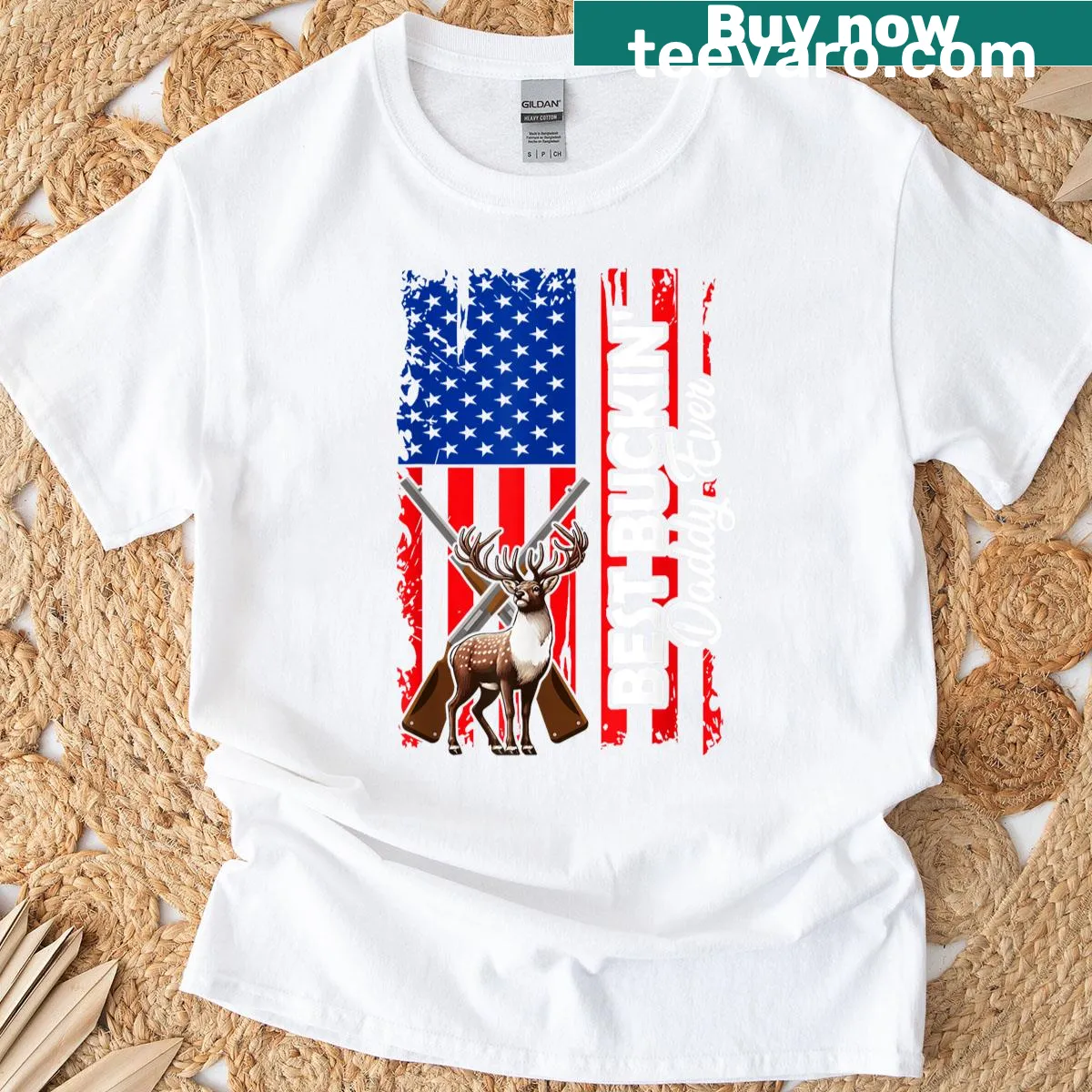Vintage-style t-shirt celebrating 'Best Bucking Daddy Ever' with US flag — on a men's t-shirt