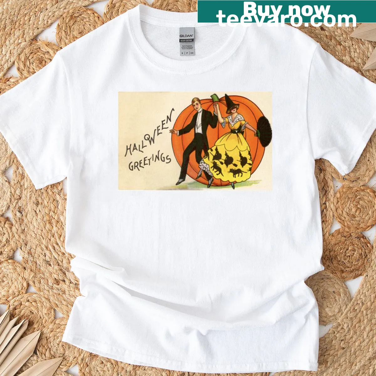Vintage Halloween postcard T-shirt with playful graphic and nostalgic text — on a men's t-shirt