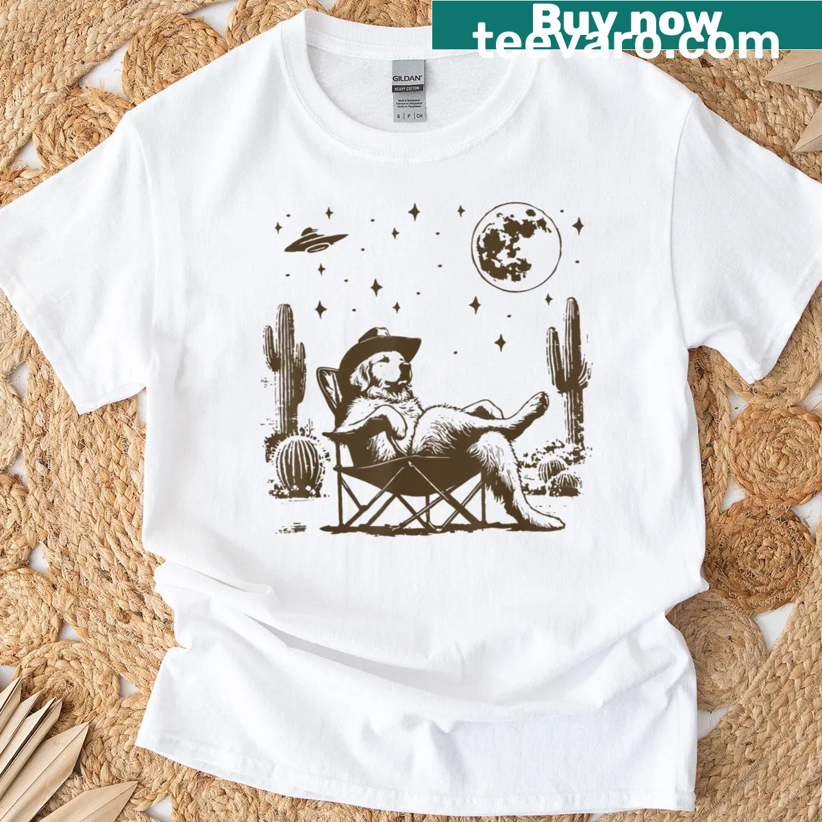 Vintage-style T-shirt featuring a cowboy golden retriever and UFO — on a men's t-shirt