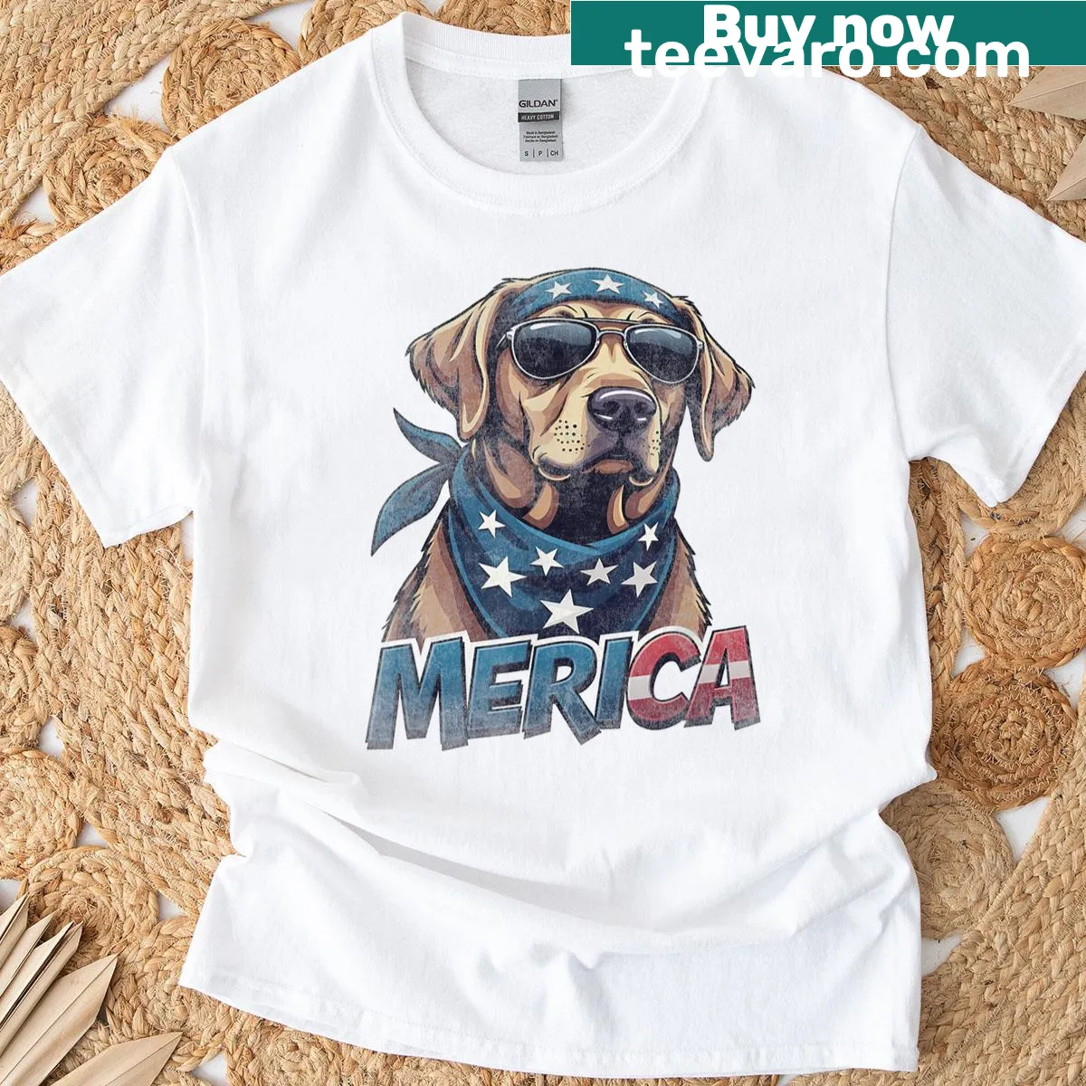 Vintage July 4th T-shirt featuring a Labrador retriever and patriotic elements — on a men's t-shirt
