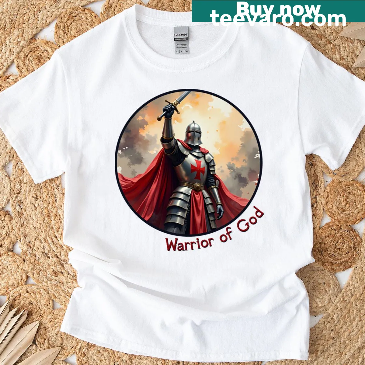 Christian Warrior t-shirt with Templar Knight imagery and bold text — on a men's t-shirt